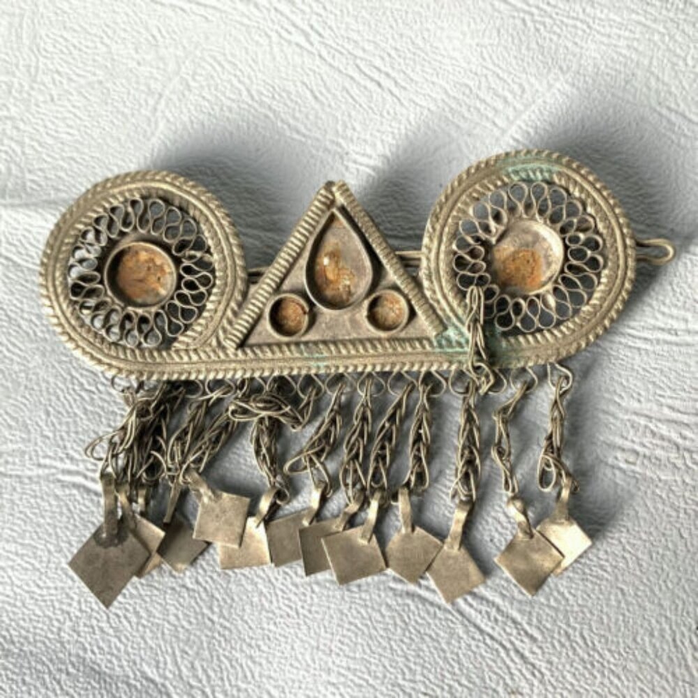 RARE Antique BERBER STYLE BRONZE AMULET PENDANT HAIR CLIP ENGRAVINGS Collectable